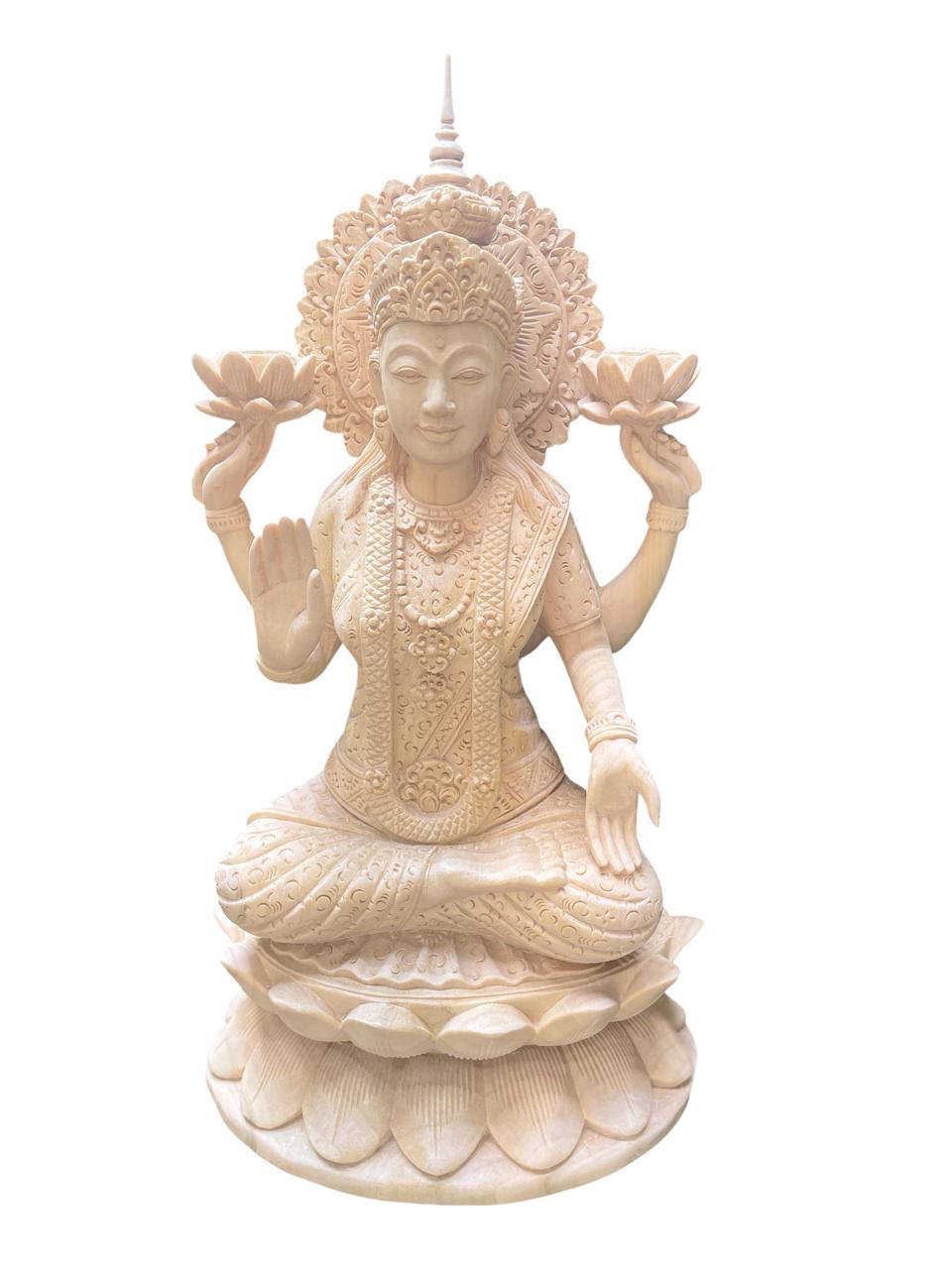 Hand Carved Wooden Lakshmi Statue ,Hindu Goddess Wood Carving,Spiritual Home Decor