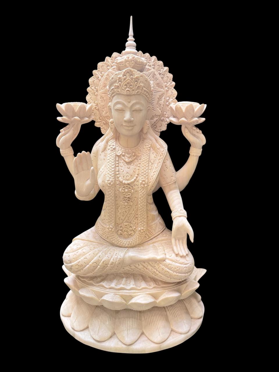 Hand Carved Wooden Lakshmi Statue ,Hindu Goddess Wood Carving,Spiritual Home Decor