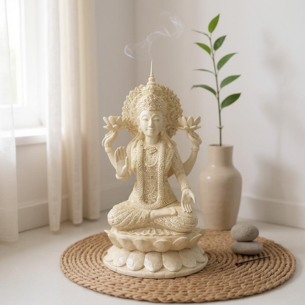 Hand Carved Wooden Lakshmi Statue ,Hindu Goddess Wood Carving,Spiritual Home Decor