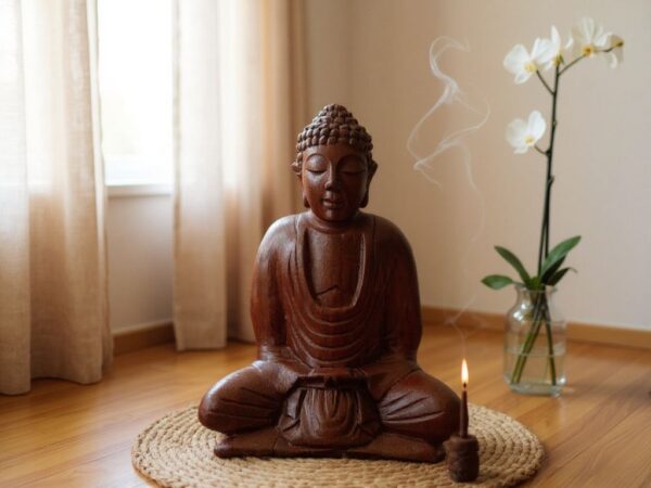 Hand‑Carved Wooden Buddha Statue,Suar Wood, Meditation Décor