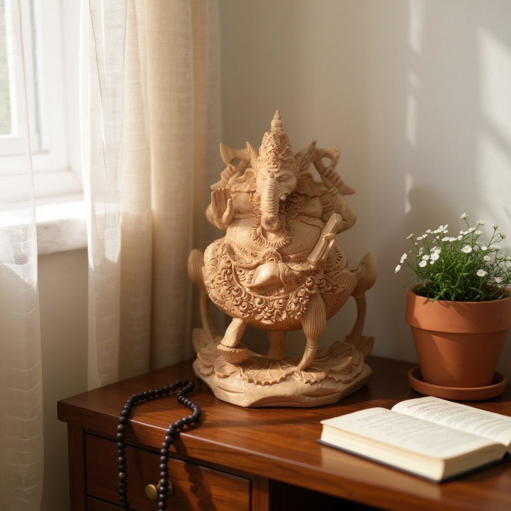 Ganesha Wood Carving Statue,Hand Carved Hindu Elephant God Sculpture,Spiritual Home Decor