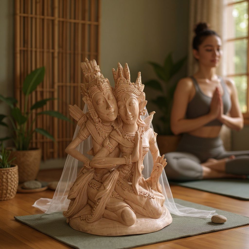 Hand-Carved Rama and Shinta Statue,Balinese Suar Wood Sculpture of Divine Love