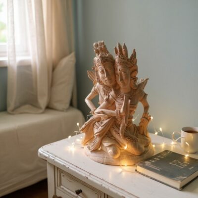 Hand-Carved Rama and Shinta Statue,Balinese Suar Wood Sculpture of Divine Love