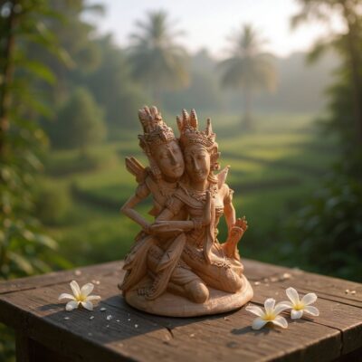 Hand-Carved Rama and Shinta Statue,Balinese Suar Wood Sculpture of Divine Love