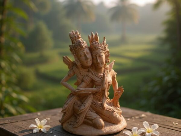 Hand-Carved Rama and Shinta Statue,Balinese Suar Wood Sculpture of Divine Love