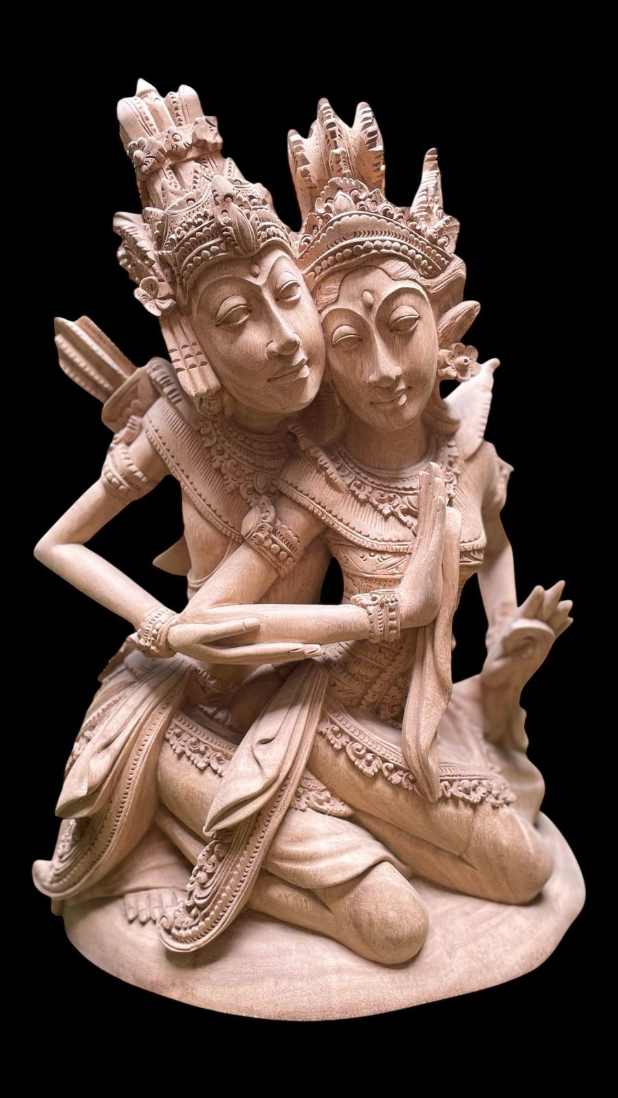 Hand-Carved Rama and Shinta Statue,Balinese Suar Wood Sculpture of Divine Love