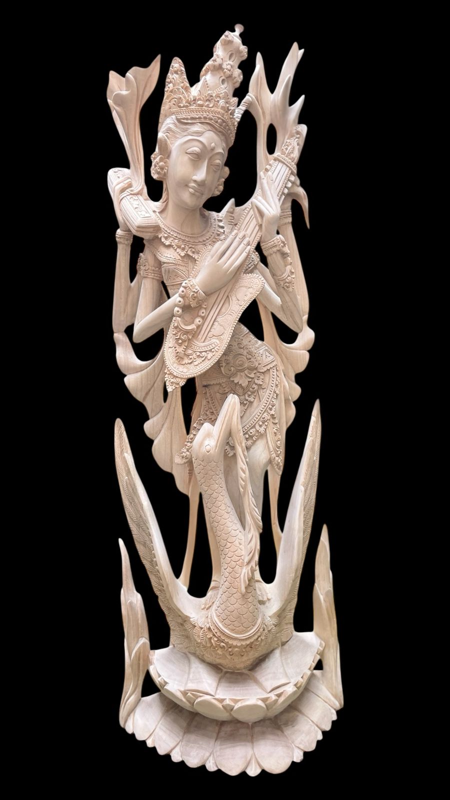 Saraswati Wood Carving,Handmade Balinese Goddess of Knowledge and Music