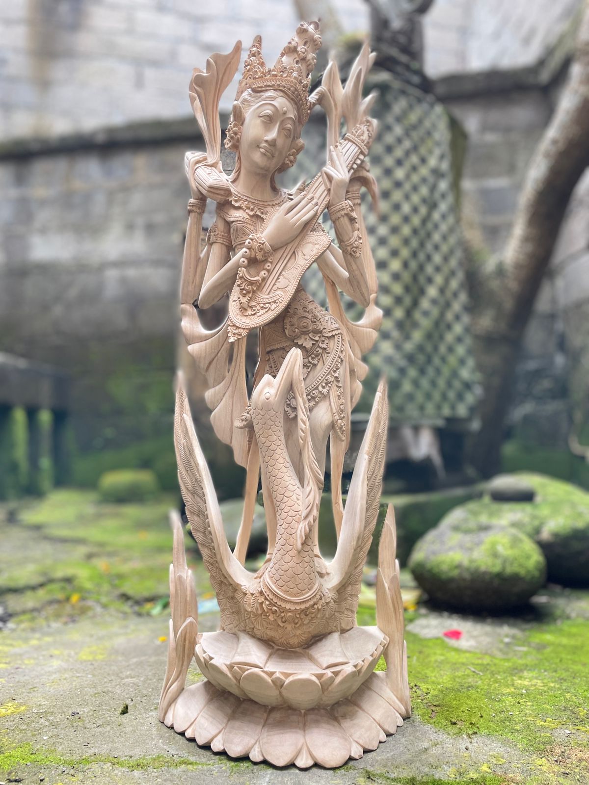 Saraswati Wood Carving,Handmade Balinese Goddess of Knowledge and Music