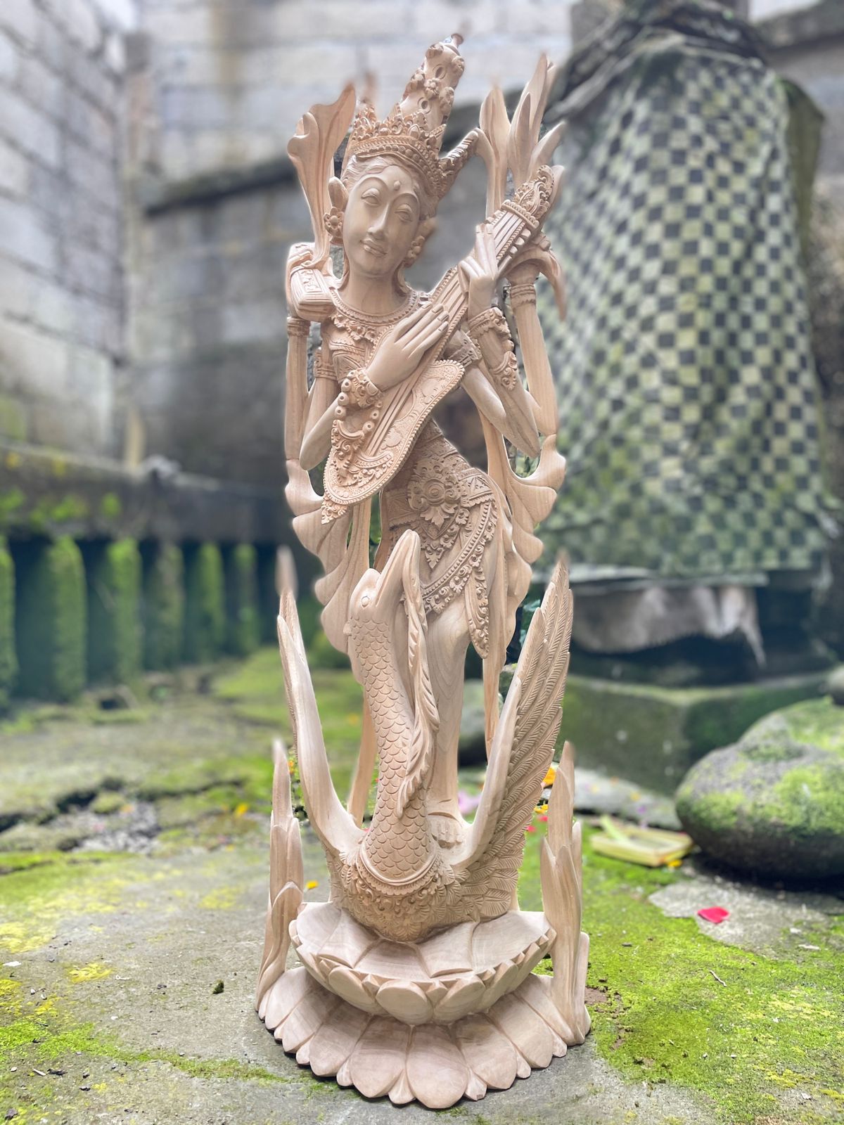 Saraswati Wood Carving,Handmade Balinese Goddess of Knowledge and Music