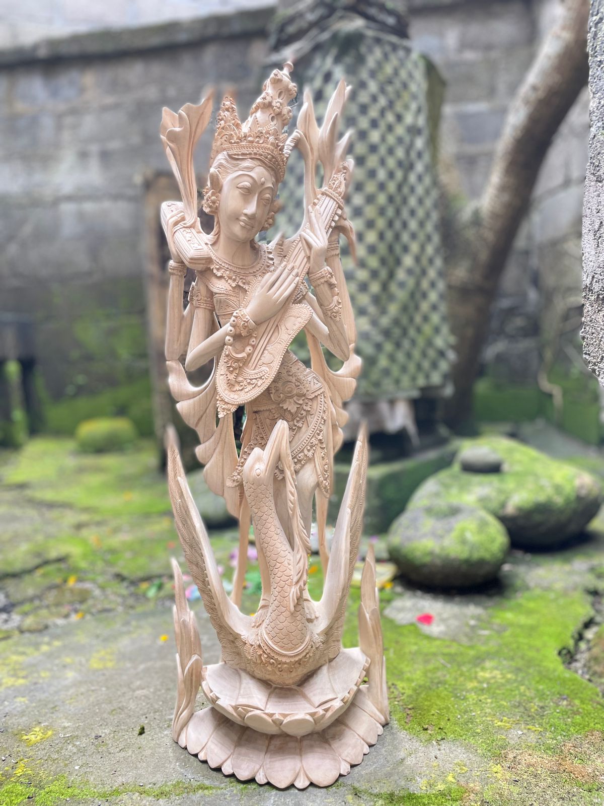 Saraswati Wood Carving,Handmade Balinese Goddess of Knowledge and Music