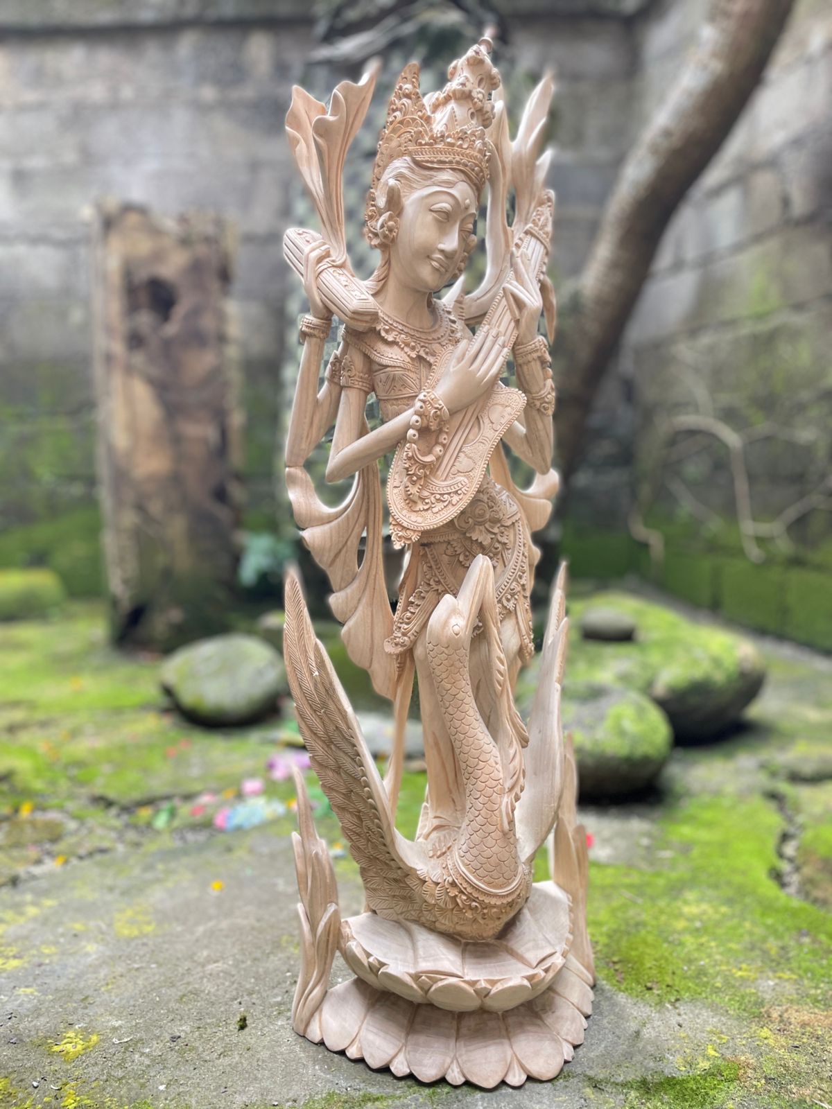 Saraswati Wood Carving,Handmade Balinese Goddess of Knowledge and Music