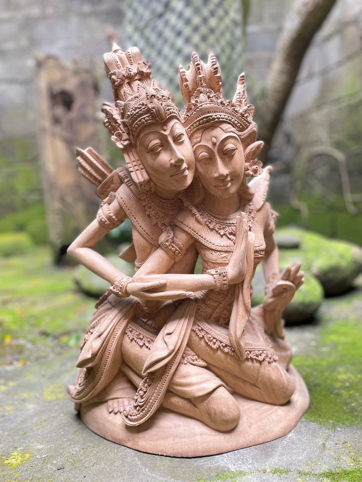 Hand-Carved Rama and Shinta Statue,Balinese Suar Wood Sculpture of Divine Love