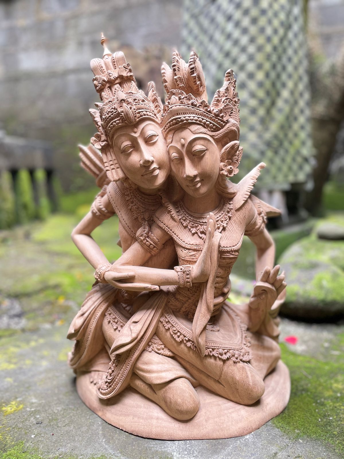 Hand-Carved Rama and Shinta Statue,Balinese Suar Wood Sculpture of Divine Love
