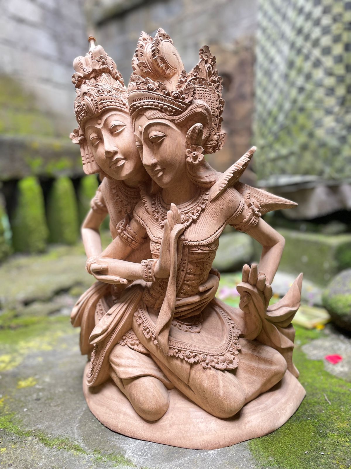 Hand-Carved Rama and Shinta Statue,Balinese Suar Wood Sculpture of Divine Love