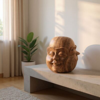 Happy Buddha Statue with 4 Expressions – Joy, Sorrow, Anger & Serenity,Four Faces of Buddha Figurine Handcrafted Wood Statue