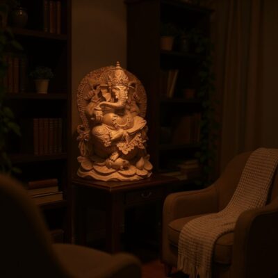 Hand-Carved Ganesha Statue,Lord Ganesha Wall Art,Natural Wood Hindu Art, Elephant God Figurine for Home Altar