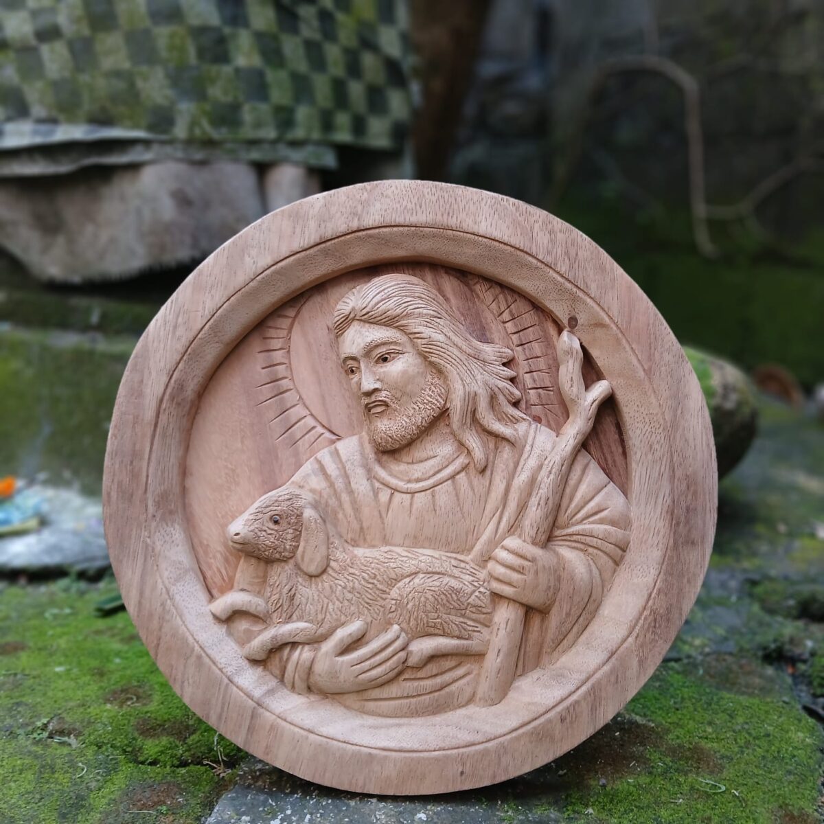The Good Shepherd,Oval Wood Relief of Jesus Carrying a Lamb,Christian Wall Art