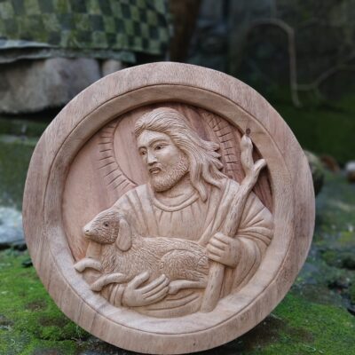 The Good Shepherd,Oval Wood Relief of Jesus Carrying a Lamb,Christian Wall Art