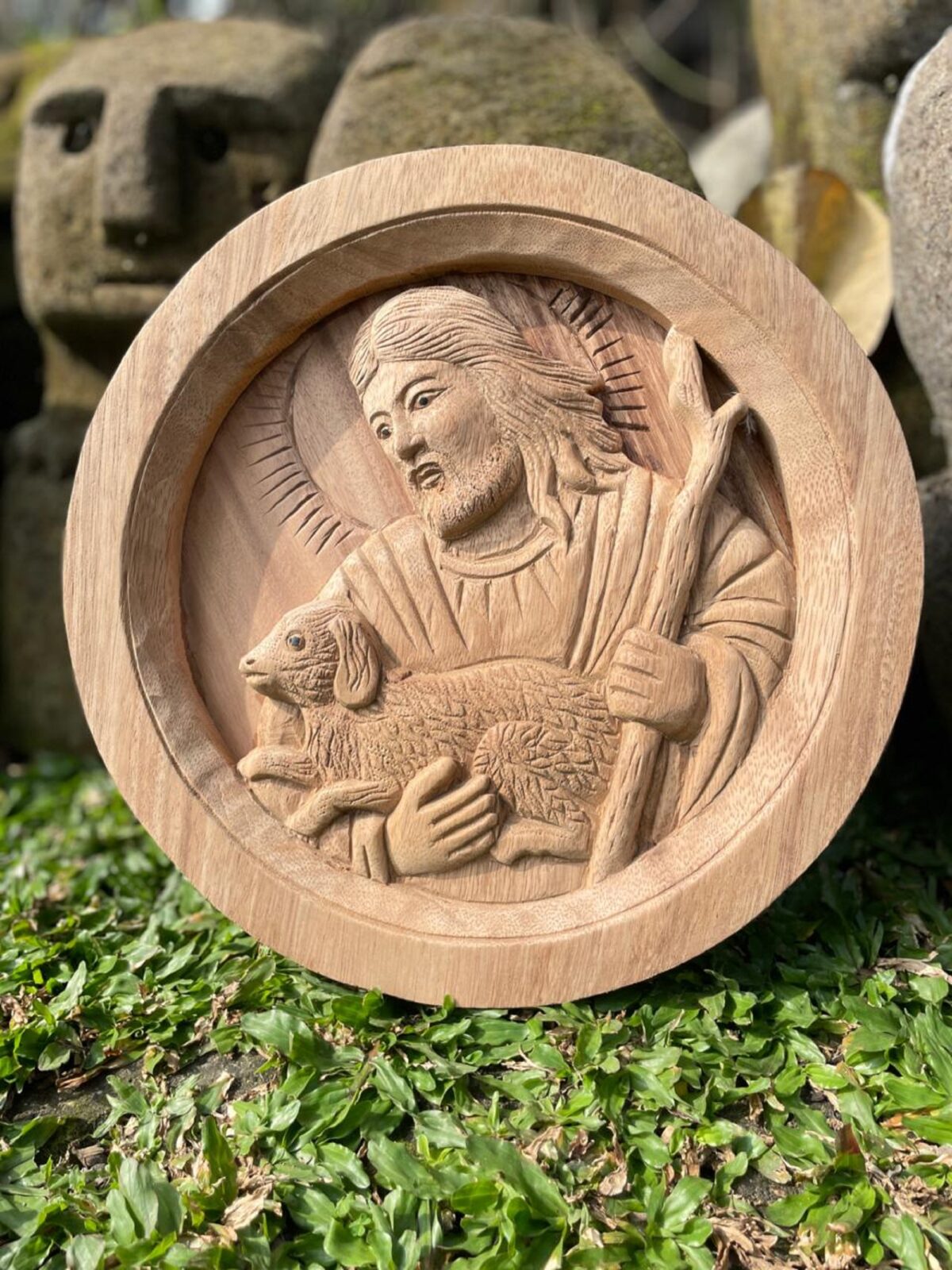 The Good Shepherd,Oval Wood Relief of Jesus Carrying a Lamb,Christian Wall Art