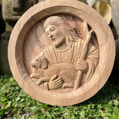 The Good Shepherd,Oval Wood Relief of Jesus Carrying a Lamb,Christian Wall Art