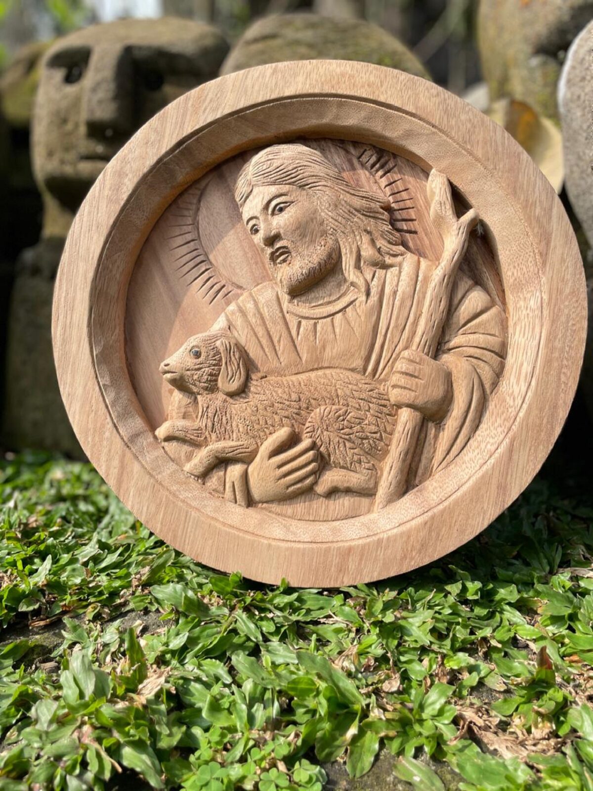 The Good Shepherd,Oval Wood Relief of Jesus Carrying a Lamb,Christian Wall Art