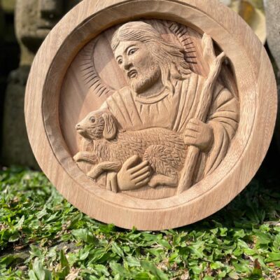 The Good Shepherd,Oval Wood Relief of Jesus Carrying a Lamb,Christian Wall Art