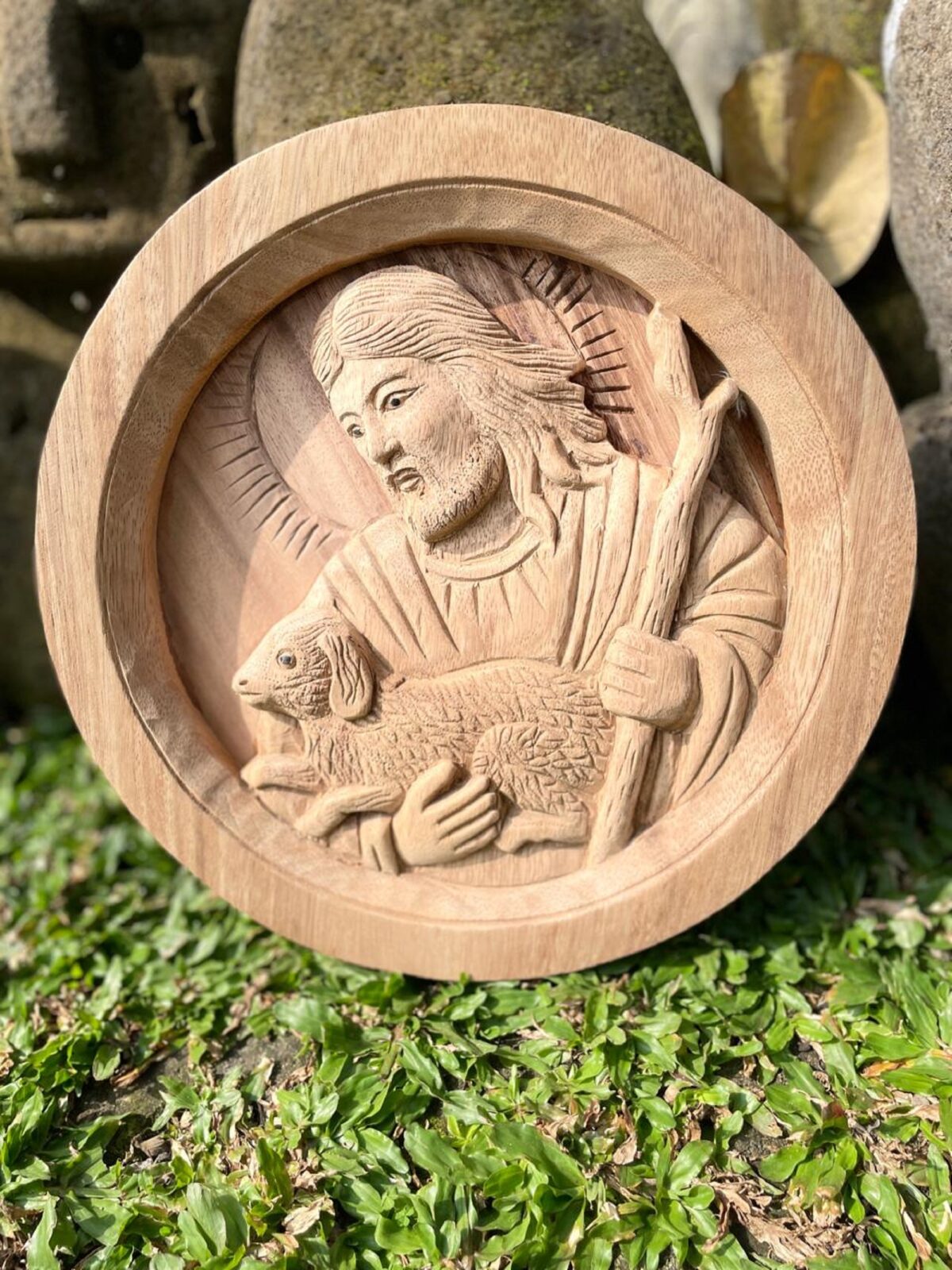The Good Shepherd,Oval Wood Relief of Jesus Carrying a Lamb,Christian Wall Art