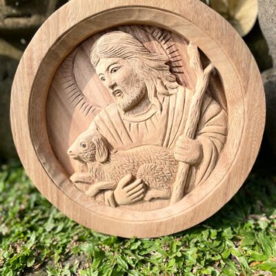 The Good Shepherd,Oval Wood Relief of Jesus Carrying a Lamb,Christian Wall Art