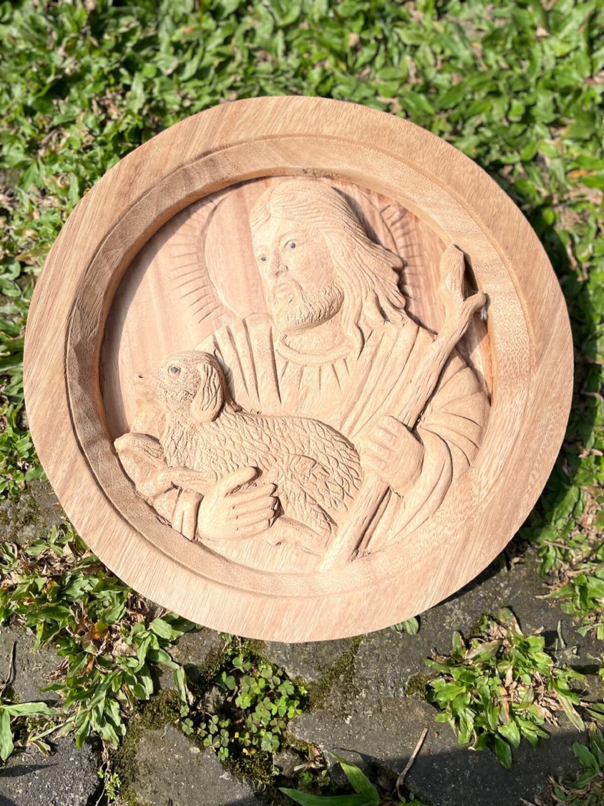 The Good Shepherd,Oval Wood Relief of Jesus Carrying a Lamb,Christian Wall Art