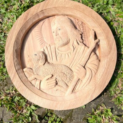 The Good Shepherd,Oval Wood Relief of Jesus Carrying a Lamb,Christian Wall Art