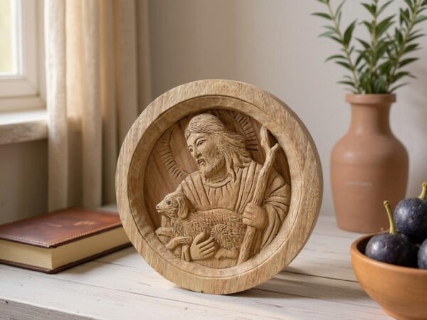 The Good Shepherd,Oval Wood Relief of Jesus Carrying a Lamb,Christian Wall Art